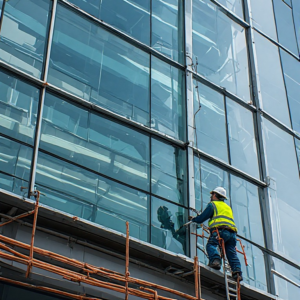 Professional construction worker applying structural silicone sealant to modern high-rise building glass curtain wall joints.