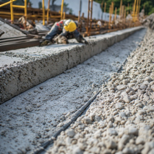 Macro shot of single-component polyurethane joint sealant applied smoothly in a concrete expansion joint at a bridge infrastructure construction site.