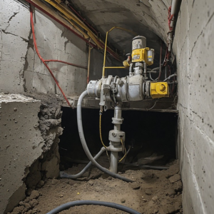 Technical concrete crack repair using high-pressure polyurethane injection packers for active water leak sealing in a subway tunnel.