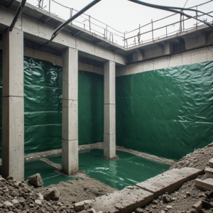 Wide shot of a commercial construction site showing liquid-applied polyurethane waterproofing membrane seamlessly coating large concrete foundation walls.