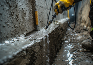 High-pressure polyurethane injection resin grouting into leaking concrete cracks on a basement diaphragm wall
