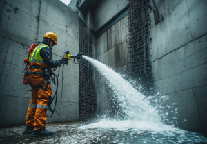 Hydraulic dam spillway active leak repair using dynamic water-resistant hydrophobic chemical injection grout
