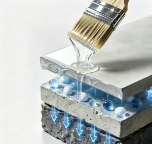 Cross-section demonstration of LeakProof liquid waterproofing coating penetrating deep into concrete substrate to form a seamless elastomeric barrier.
