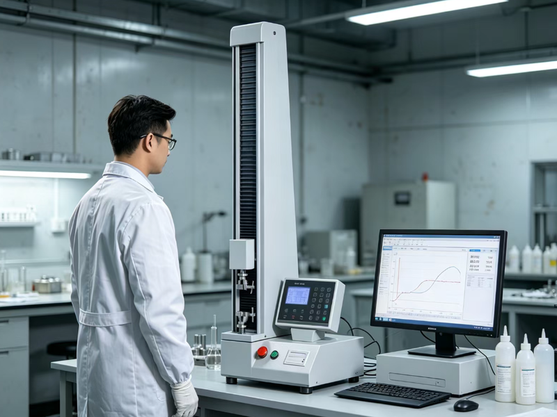 Laboratory technician operating a precision tensile strength testing machine to evaluate the bonding performance and adhesion strength of industrial adhesives.