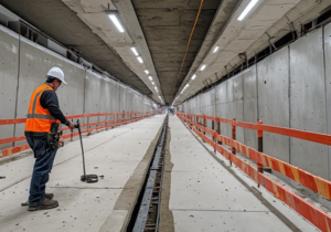 Underground traffic underpass concrete construction joint sealed with vibration-damped polyurethane sealant