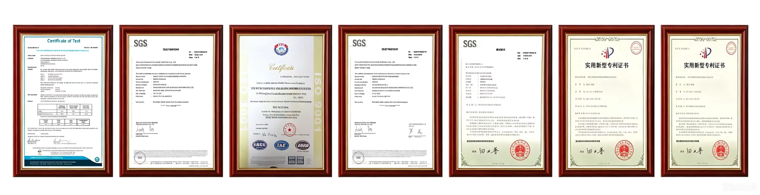 A row of official corporate qualifications including SGS test reports, ISO 9001 certification, and utility model patents for LeakProof waterproofing adhesives.