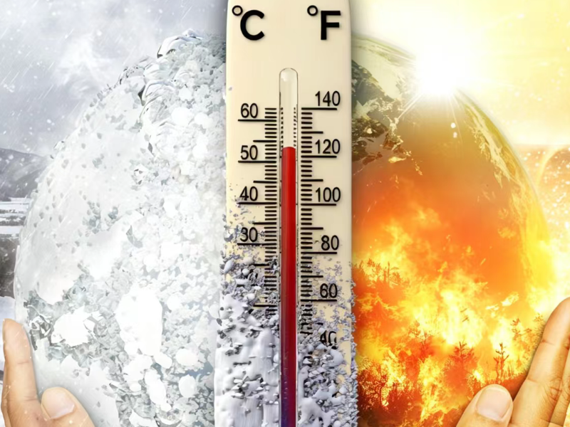 Graphic illustration of extreme weather temperatures showing freezing snow and scorching heat with a thermometer, representing dynamic thermal stability in industrial sealants.