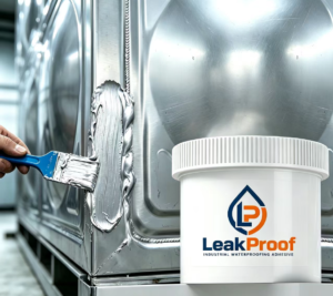 Technician applying LeakProof high-performance metallic repair compound to seal stainless steel water tank seams for immediate leak remediation.