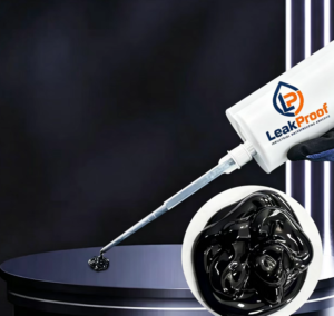 LeakProof industrial waterproofing adhesive with a precision tip dispensing onto a surface for infrastructure and underground sealing