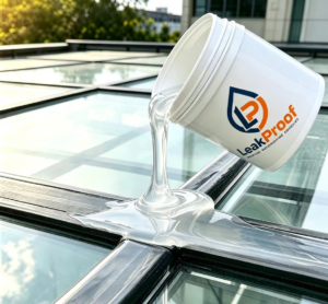LeakProof transparent liquid elastomeric sealant being poured onto glass roof skylight aluminum frame joints for heavy-duty weatherproofing