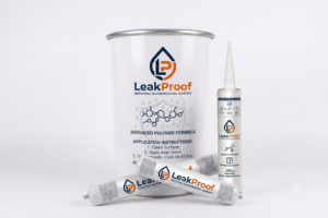 LeakProof industrial waterproofing adhesive and sealant product range, featuring a metal pail, a cartridge with nozzle, and sausage foil packs on a white background.